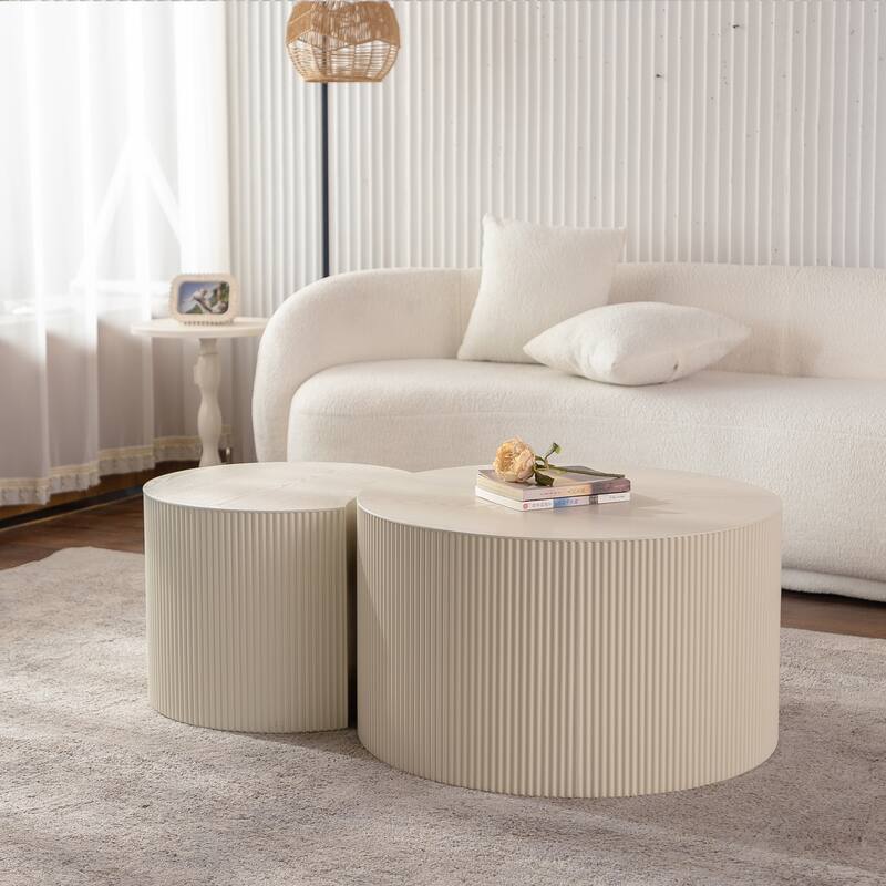 Round Coffee Table Handcrafted Relief Sturdy Pedestal Wooden Olive-Shaped Tea Table - Beige+Cream