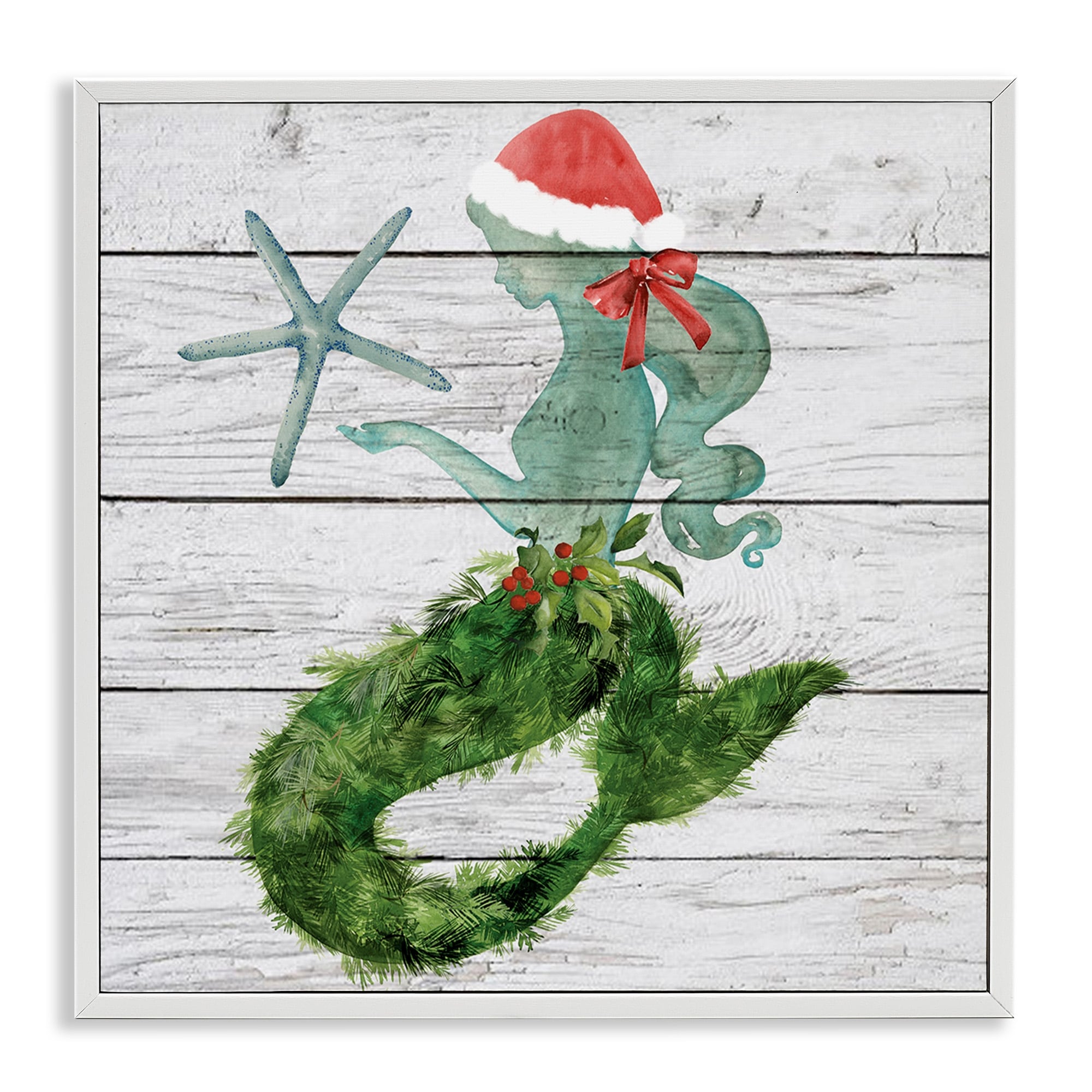 Stupell Christmas Mermaid Winter Holly Floral Pine Framed Wall Art, 12 x 12