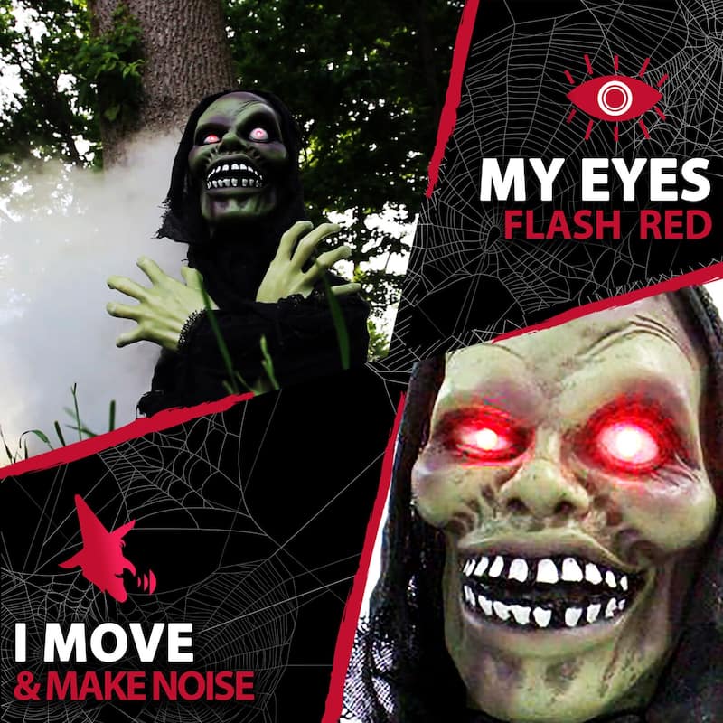 Haunted Hill Farm 24 In. Pop-Up Animatronic Ghoul, Indoor/Outdoor Halloween Decoration, Flashing Red Eyes, Poseable, Battery