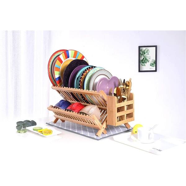 Collapsible Dish Drying Rack Drainer Bamboo Kitchen Folding Dish Rack Plate Holder Natural 18 Slots On Sale Overstock 32335837 Dish drying rack, 2/3 tier dish rack dish drainer with drain board, utensil holder, cutting board holder, rustproof dish drainer for kitchen countertop. usd