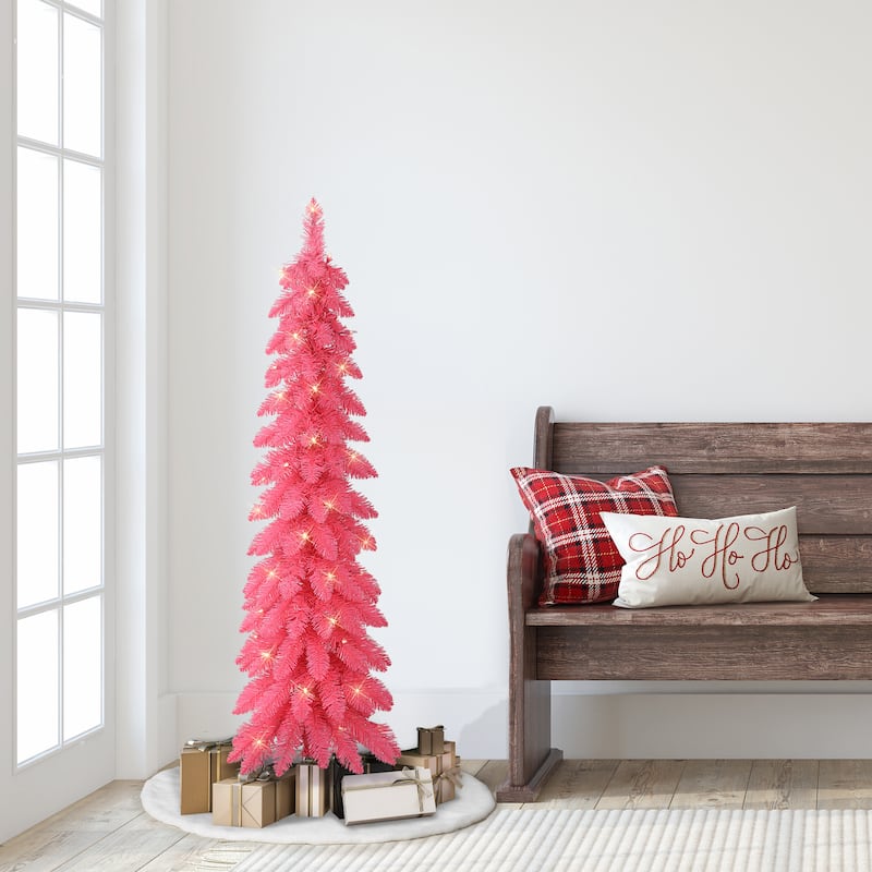 Puleo International 4 ft. Pre-Lit Pink Artificial Alpine Pencil Tree