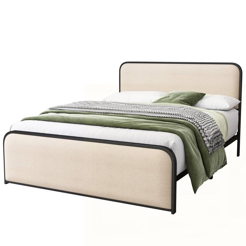 Metal Bed Frame with Curved Upholstered Headboard and Footboard