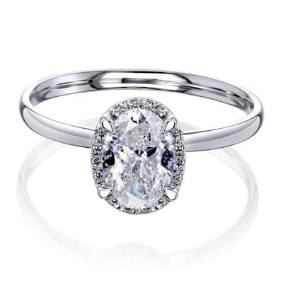 Kobelli 1 Carat Natural Diamond Certified 14k Solid White Gold Oval Slim Halo Plain Band Dalilah Ring