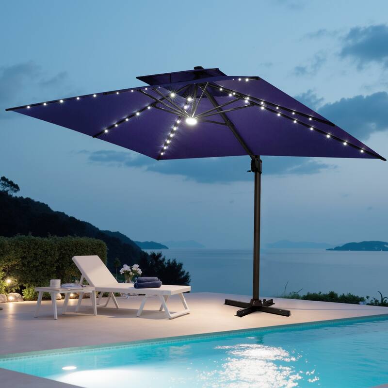 Pellebant Outdoor 10x13FT Patio Cantilever Umbrella Dual Top Lar Lighted