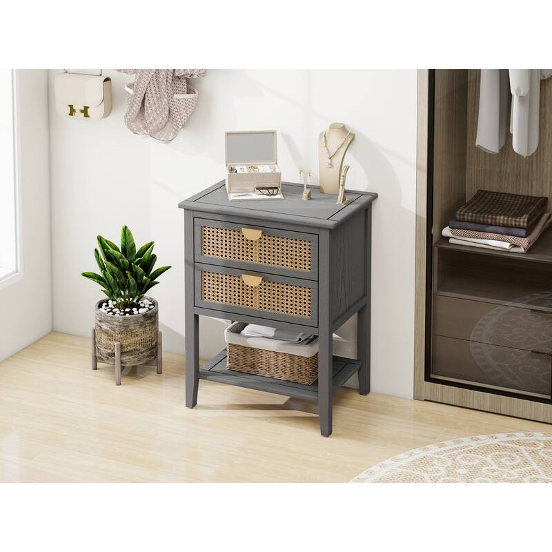 Rattan Haven Natural Style Wooden End Table with 2 Drawers and Open Storage Shelf