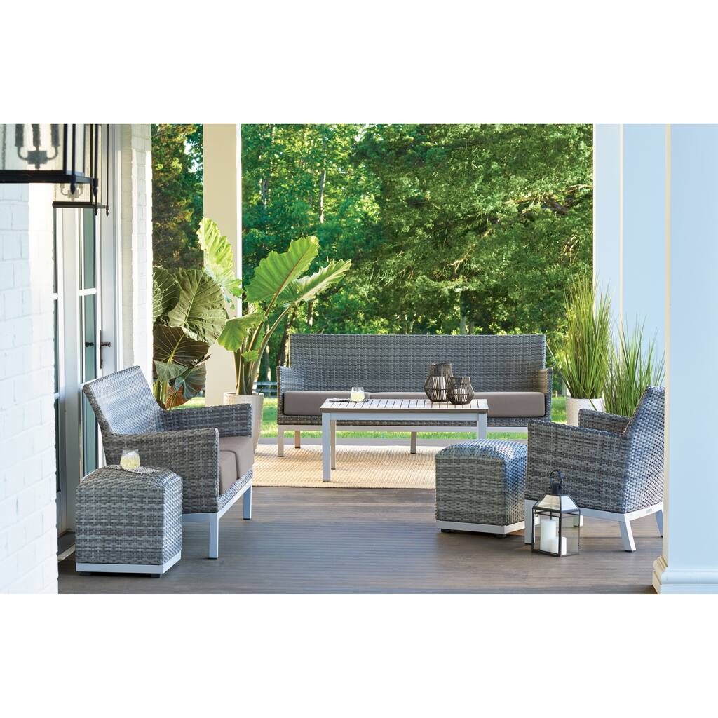 Oxford Garden Argento 6-piece Resin Wicker Lounge & Travira Tekwood Vintage Table Set - Stone Cushion