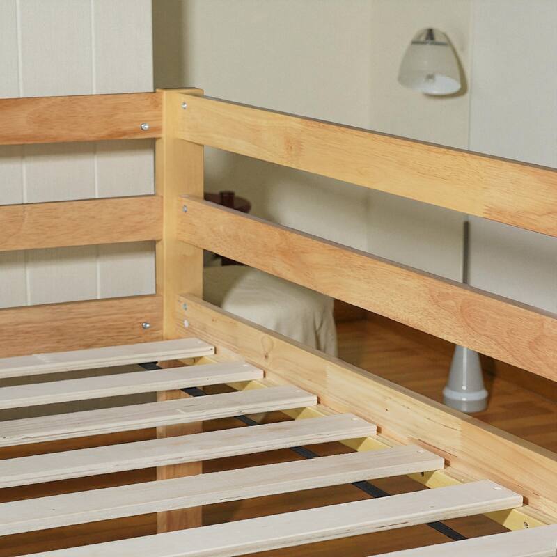 Solid Rubber Wood Twin Over Twin Floor Bunk Bed with Ladder, Low Height Design and Strengthened Slat Support