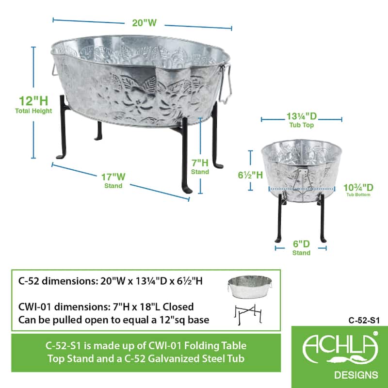 Achla Designs Embossed Oval Tub With Folding Stand, 20 Inch Wide, Steel - 20"