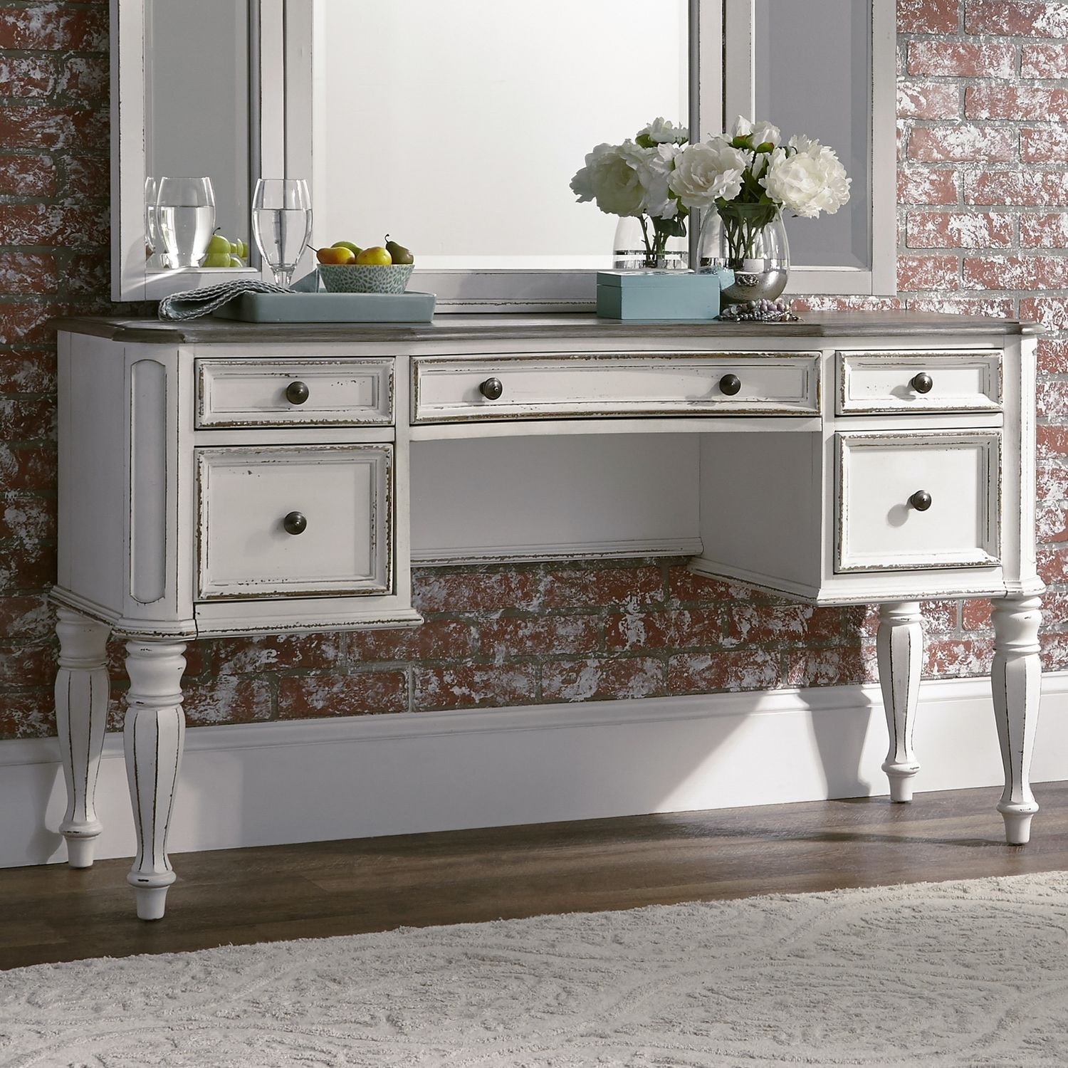 Magnolia Manor Antique White and Weathered Bark Vanity Desk