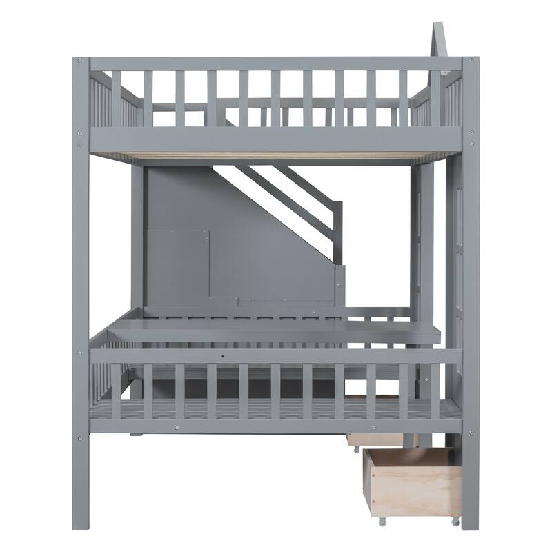 Full Size Wooden Loft Bunk Bed with Table, Seats, and Storage Shelves