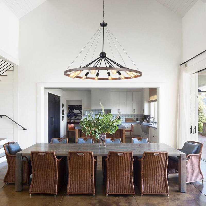 12-Light W43.3" x H90.55" Wagon Wheel Chandelier for Study Bedroom