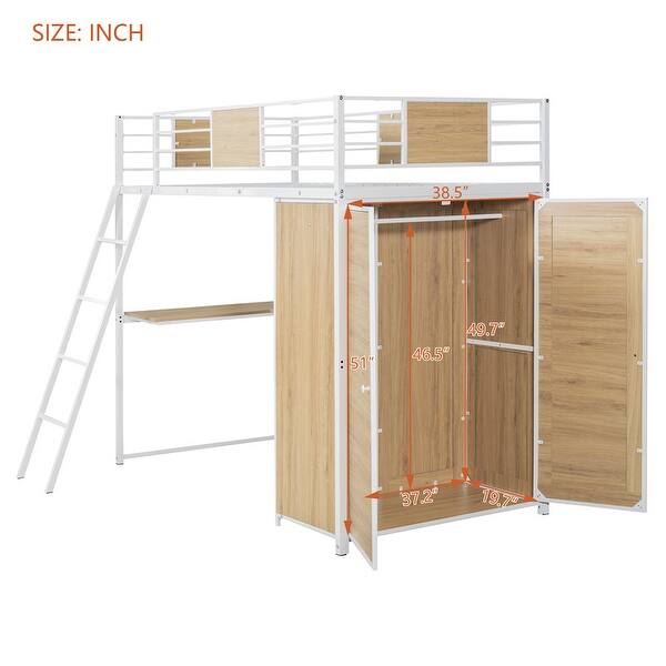 dimension image slide 2 of 3, Twin Size Modern Loft Bed with Ladder and L-Shape Desk, Multifunctional Kids Teens Storage Bed Frame with Shelf and Wardrobe