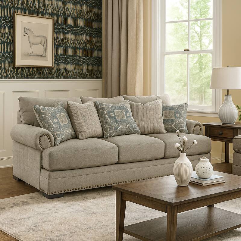 Golo Sofa, 5 Accent Pillows, 97 Inch Taupe Gray Fabric, Nailhead Trim