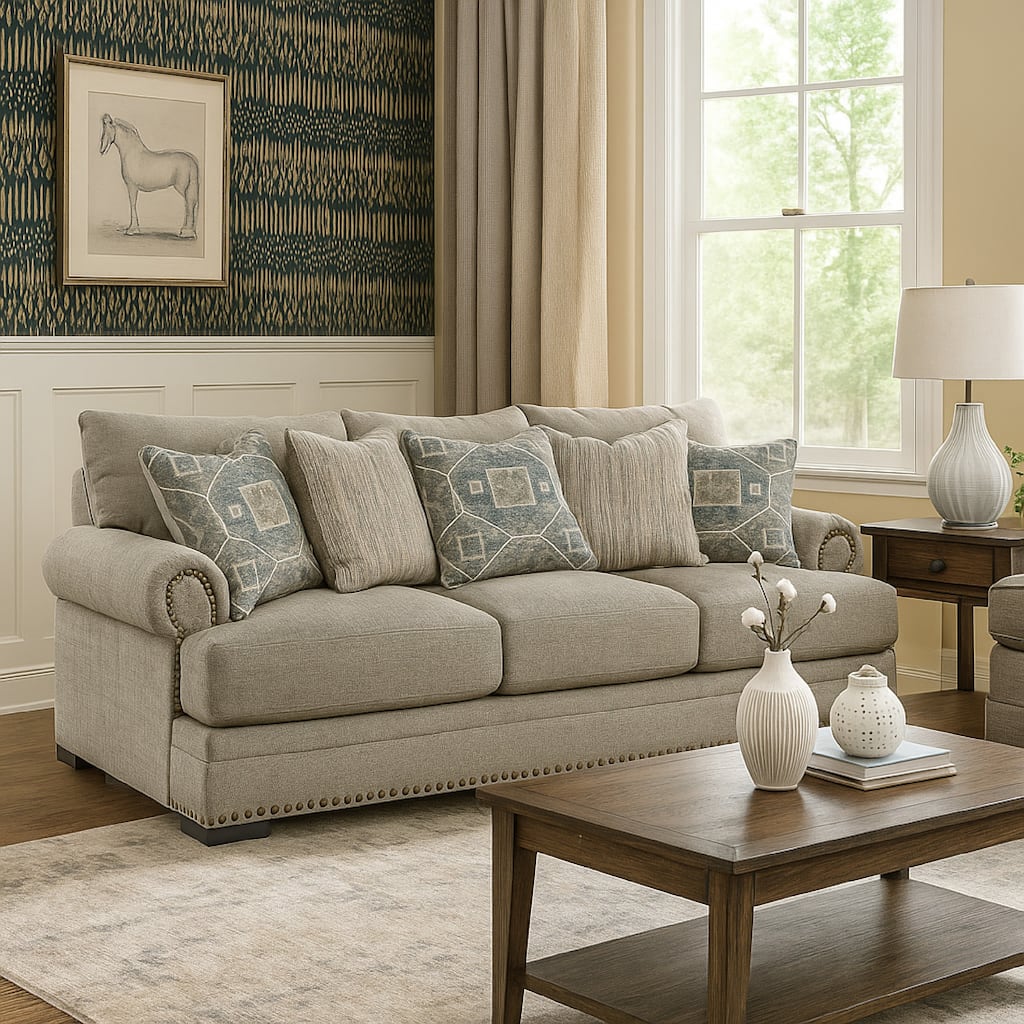 Golo Sofa, 5 Accent Pillows, 97 Inch Taupe Gray Fabric, Nailhead Trim