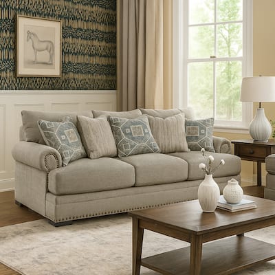 Golo Sofa, 5 Accent Pillows, 97 Inch Taupe Gray Fabric, Nailhead Trim