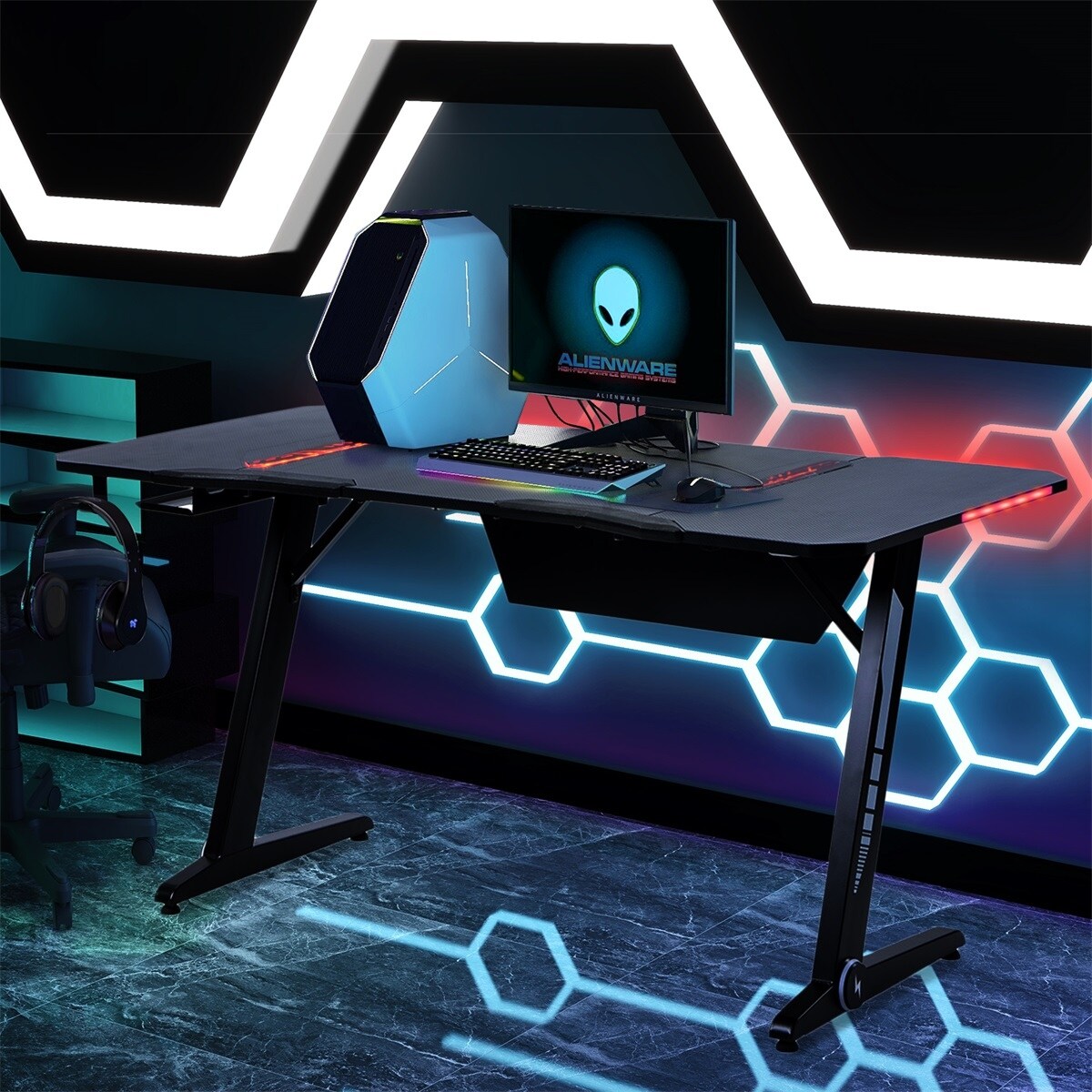 Merax Gaming Computer Desk 6 Color Led Lights Z Shaped Ergonomic Comfortable Table Overstock 31846895