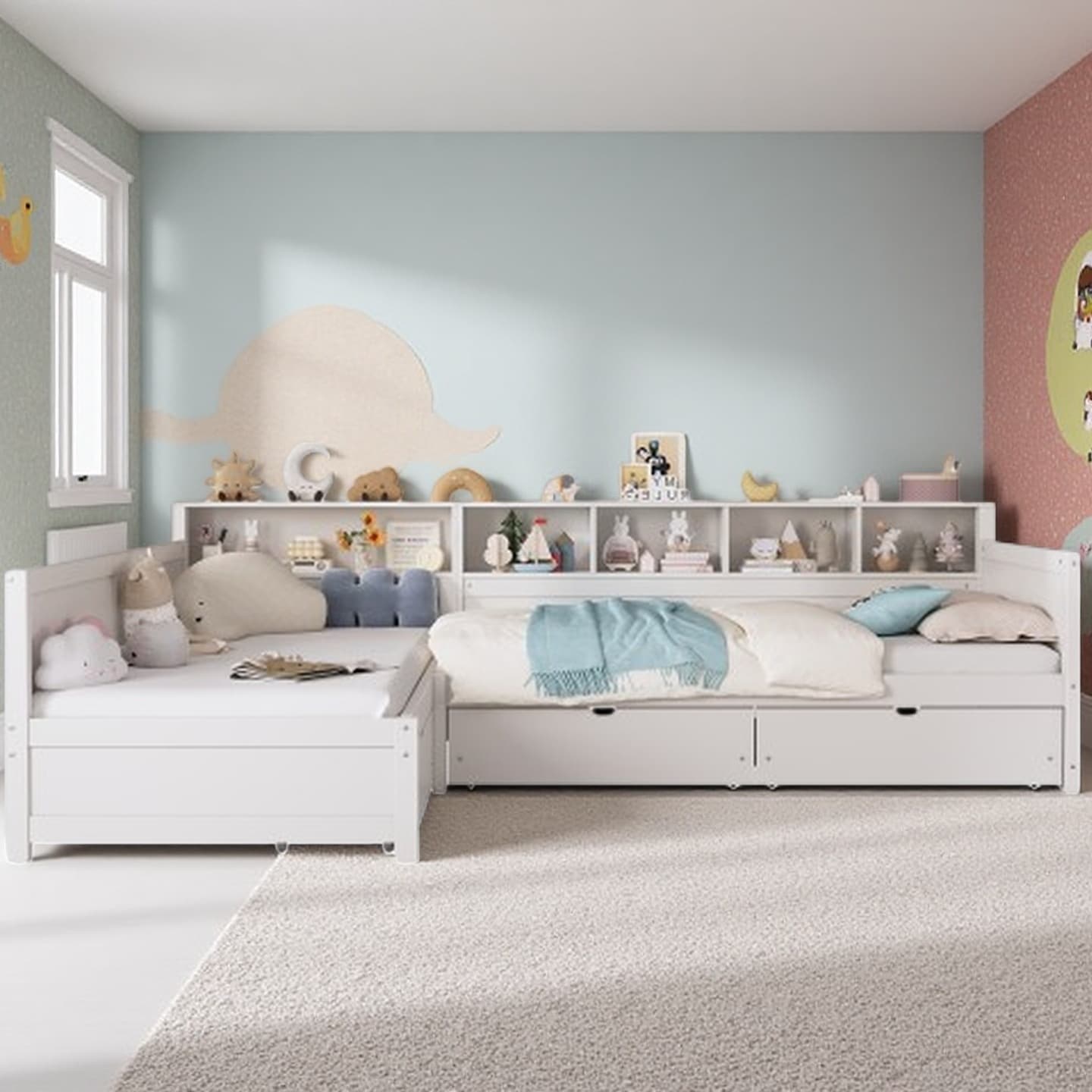 Twin L-Shaped Wooden Daybed with Dual Sleeping Spaces, Corner Bed Frame with 3 Storage Drawers and Built-In Bookshelf