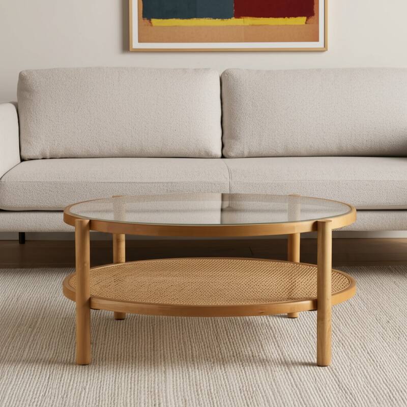 HomeRoots 34" Clear and Natural Glass and Solid Wood Round Coffee Table With Shelf - 34.25' X '17.25' X '34.25 - Clear