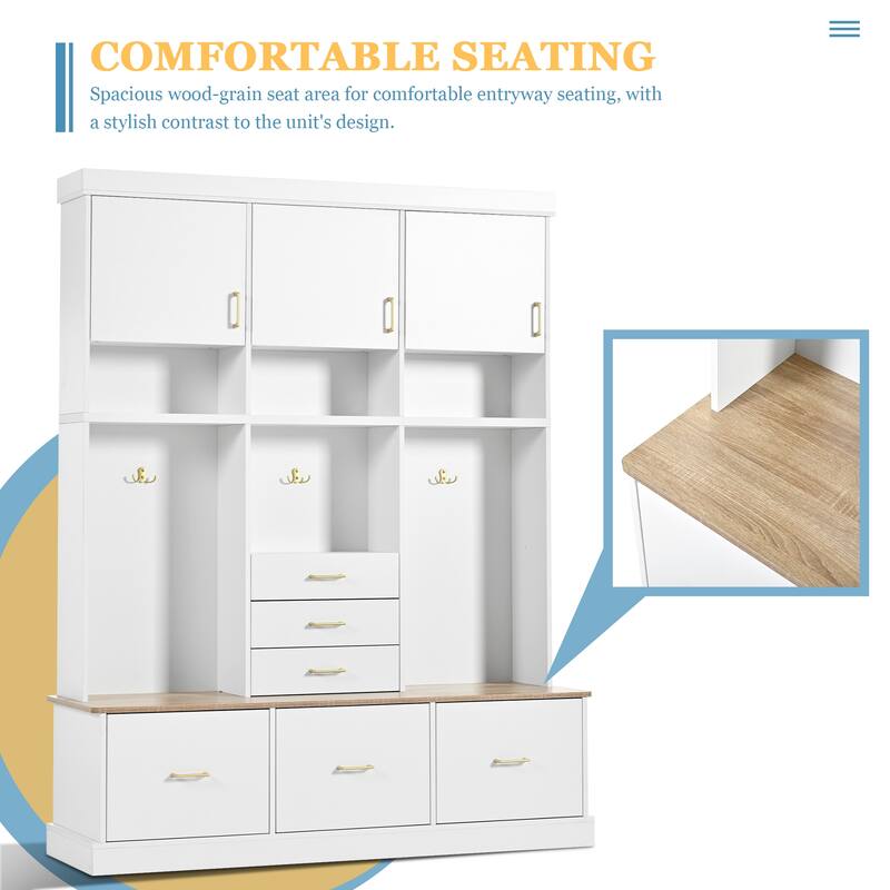 75" Entryway Hall Tree with Bench 5-in-1 Modern Storage Bench with Coat Rack, 6 Drawers, Cabinets & Shelves for Hallway, Mudroom