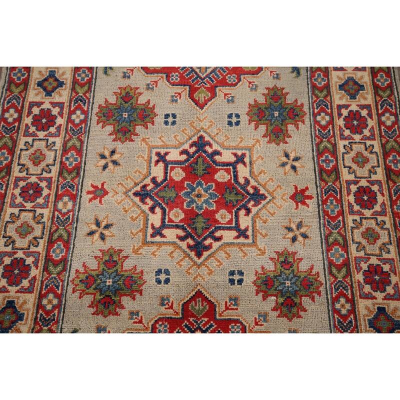 Geometric Kazak Accent Rug Hand-Knotted Foyer Wool Carpet - 3'3" x 5'2"