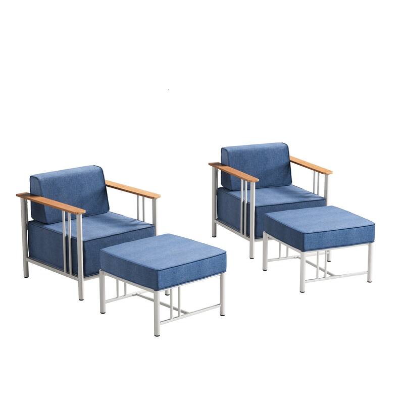 Outdoor Patio Funiture Set with Extra-Thick Seat cushion - White & BLue Cushion - 4PCS Patio Chairs with Ottoman