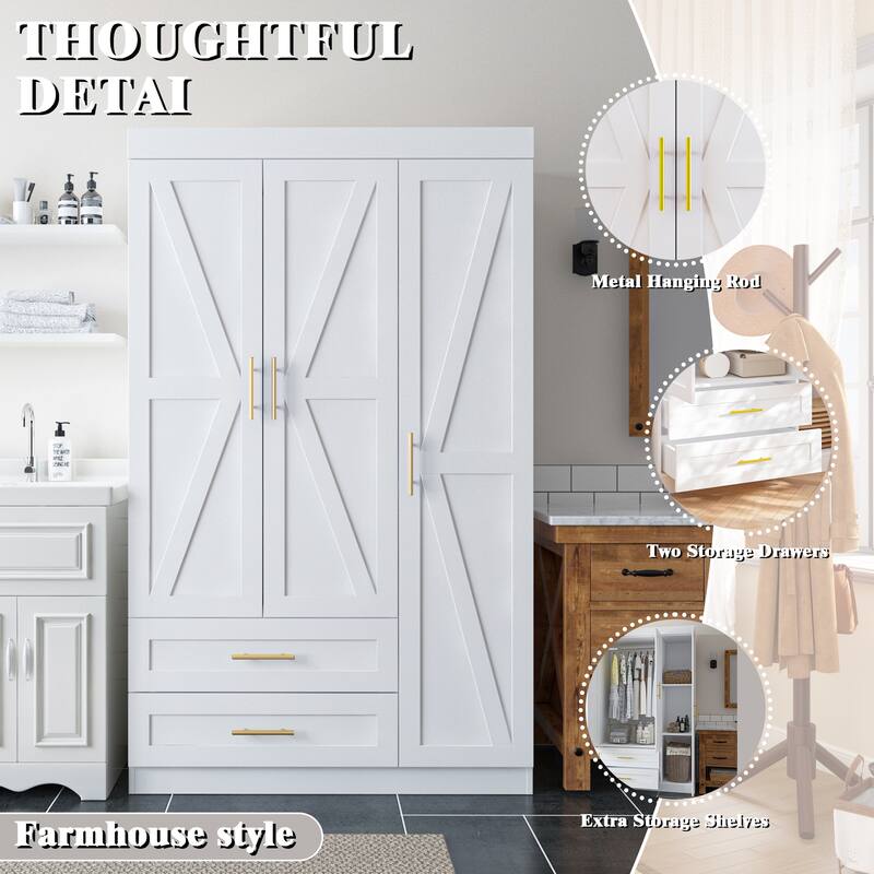 Classic Three-Door Wardrobe,Wood Bedroom Armoire with Hanging Rod and Shelves,Spacious Storage Closet,Modern Farmhouse Design