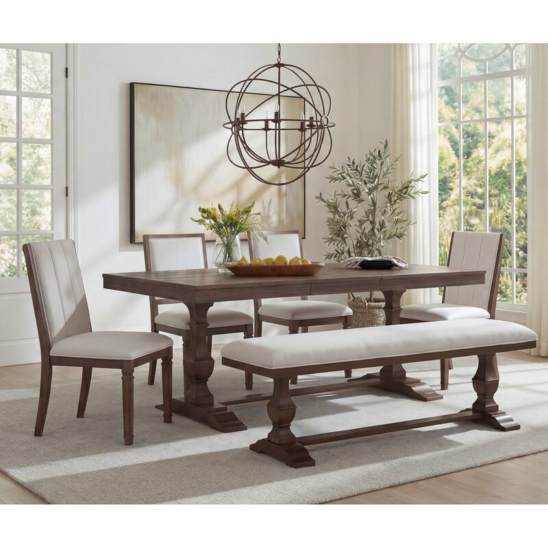 6-pieces Farmhouse Dining Table for 6, 74.8" Kitchen Table Set with 4 Chairs and Bench, Solid Wood Legs and Cushion Seat - Bench & ChairAC