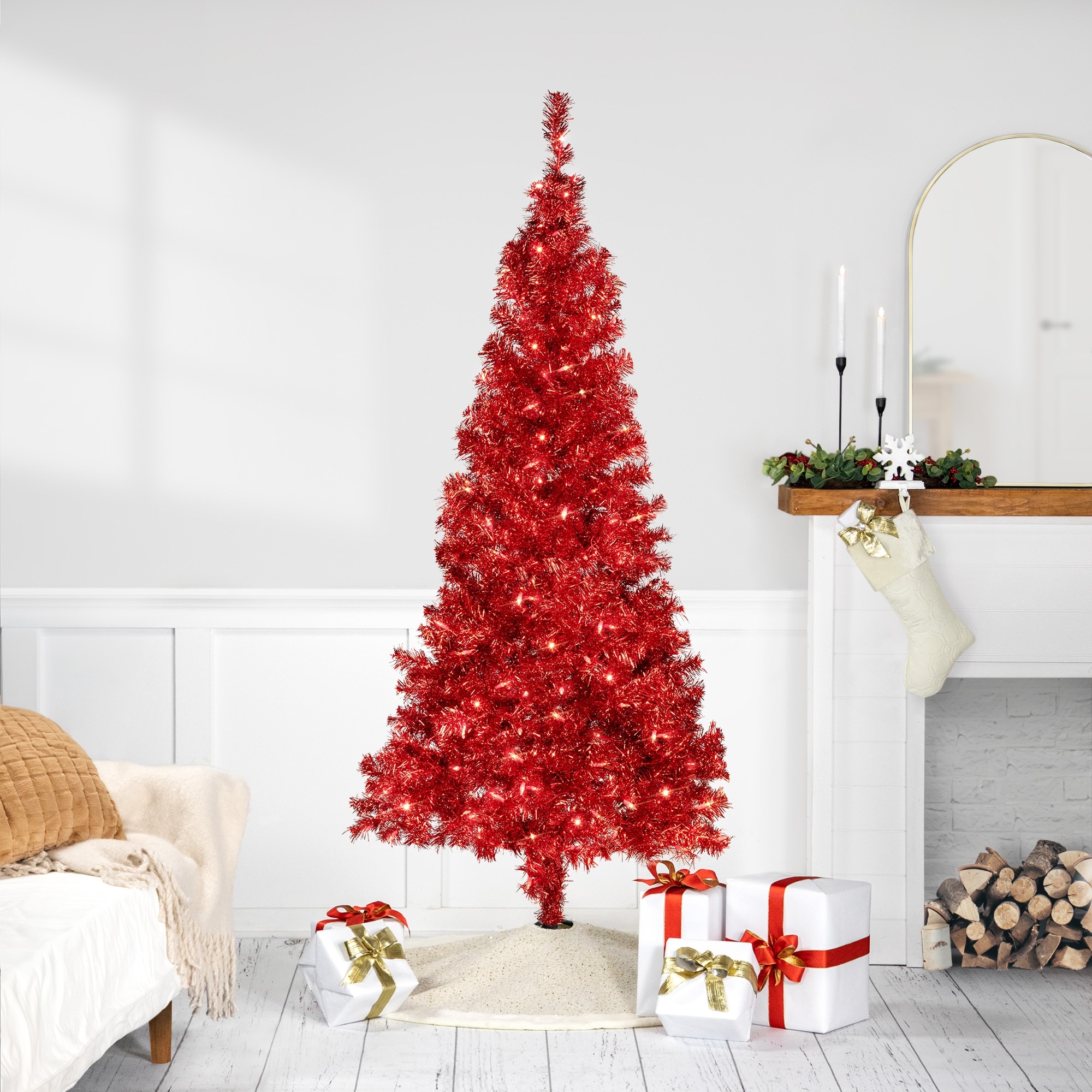 Pre-Lit Profile Artificial Tinsel Christmas Tree - 6' - Red - Clear Lights - 6 Foot