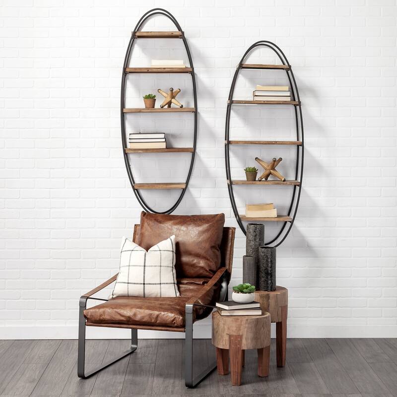 Metort Brown Wood and Black Metal Oval Wall Shelving Unit - 20.0L x 9.0W x 53.5H
