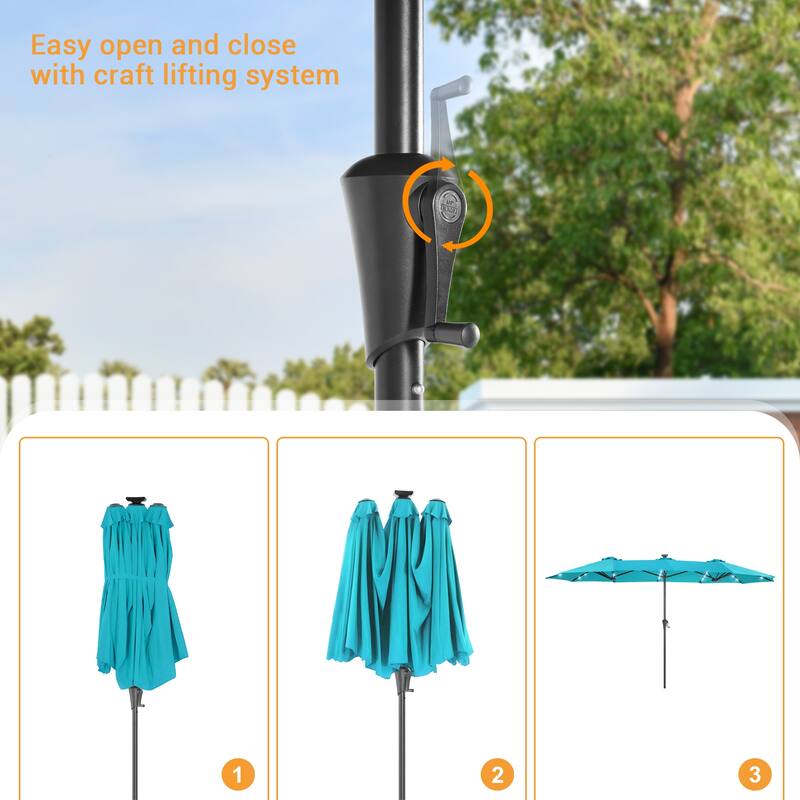 LIVOOSUN 13 x 7.2ft Large LED Double-Sided Rectangular Outdoor Patio Market Umbrella with Crank, Solar Panel, Navy Blue