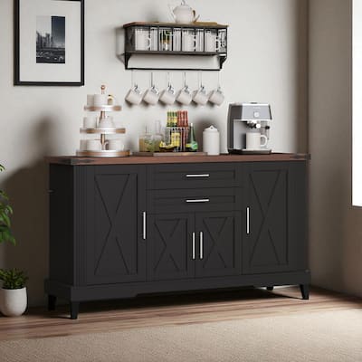 63" Farmhouse Barn Door Sideboard Buffet Cabinet with 2 Drawers & Adjustable Shelves, Large Coffee Bar Storage Console