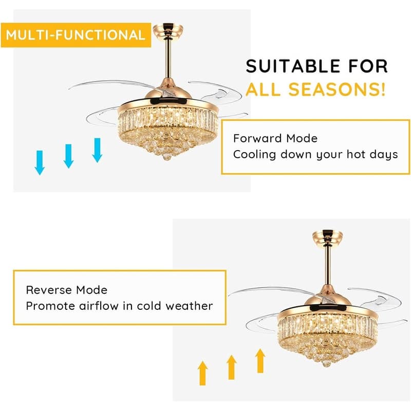 48 in. Indoor Modern Ceiling Fan with Light Gold Retractable Crystal Chandelier Fan with Remote for Kitchen Living Room