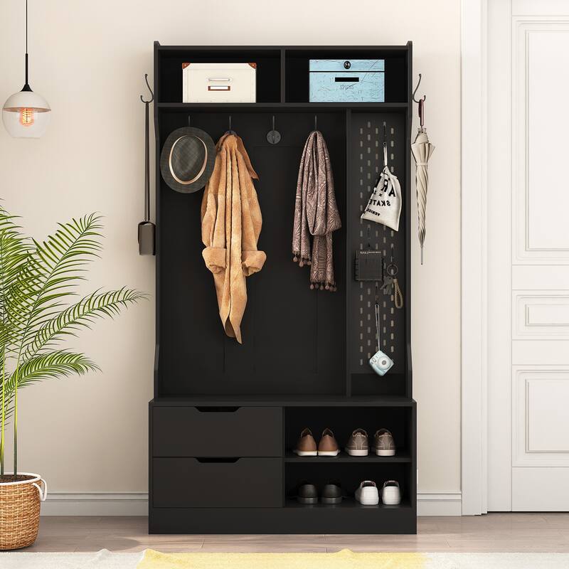 Roomfitters Hall Tree with 6 Hooks & Pegboard, Entryway Bench with Shoe Storage Organizer, Modern Coat Rack & Drawers, Black - Black