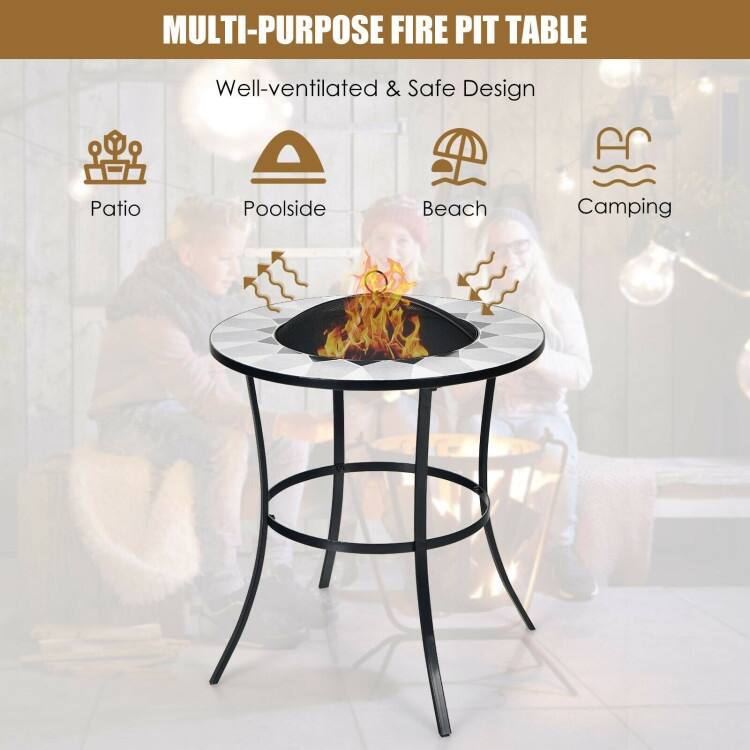 25.5 Inches Round Fire Pit Table with Mesh Cover and Fire Poker - 25.5" x 25.5" x 27.5" (L x W x H)