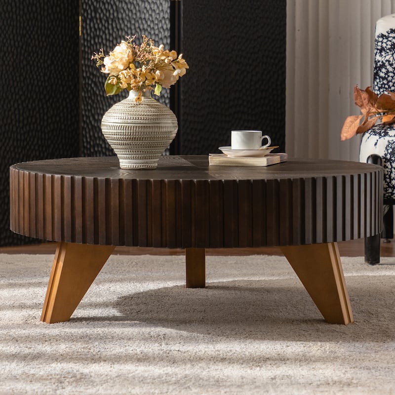 35.4 Inch Retro Round Coffee Table Multifunctional Coffee Table with 3 Solid Wood Legs for Living Room, Brown