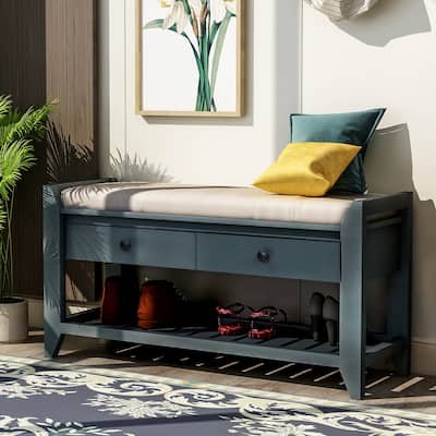 Shoe Rack with Cushioned Seat and Drawers, Multipurpose Storage Bench, Antique Navy - 39"L x 14"W x 19.8"H