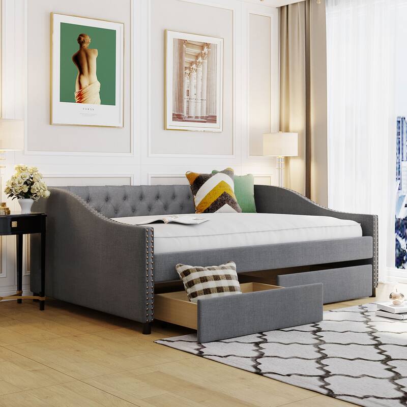Full Size Tufted Upholstered Sofa Bed Daybed with 2 Drawers&Rivets Arms On Sale Bed Bath
