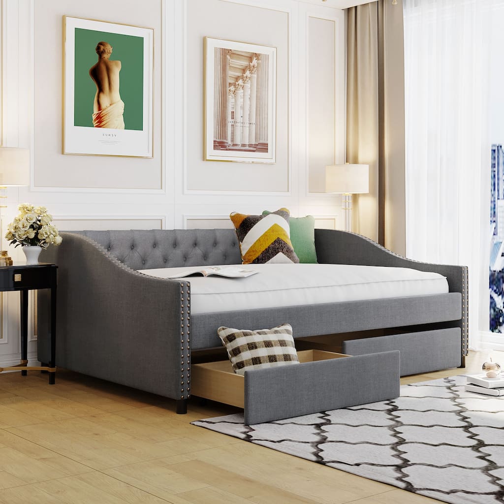 Full Size Upholstered Daybed with Two Drawers, Solid Wood Full Size Sofa Bed Frame with Button Tufted and Nailtrim on Arms