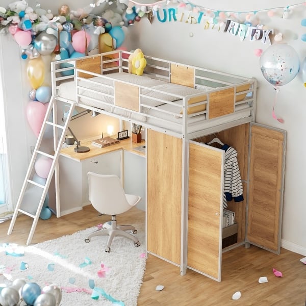 slide 2 of 20, Twin Size Loft bed with L-shape Desk and Wardrobe White