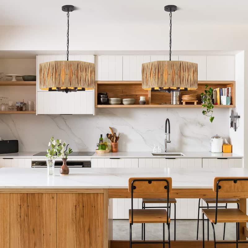 18.89-inch Hawaiian-style 6-light metal chandelier with imitation raffia lampshades and adjustable height