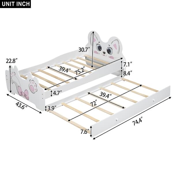 Cartoon Twin Size Platform Bed with Trundle and Cute Headboard, Kids Bed Frame with Sturdy Wood Construction, White