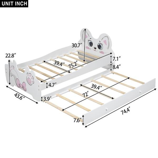 Twin Size Platform Bed with Trundle Bed & Cartoon Headboard, White