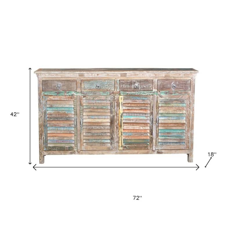 HomeRoots 72" Natural And Rainbow Reclaimed Wood Shutter Style Sideboard with Four Doors - 72.00 in. x 42.00 in. x 18.00 in.