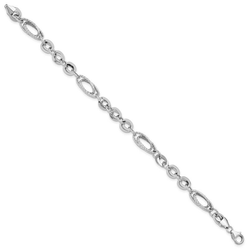 Curata 14k White Polished and Textured Oval Fancy Link Bracelet 7.75 Inch