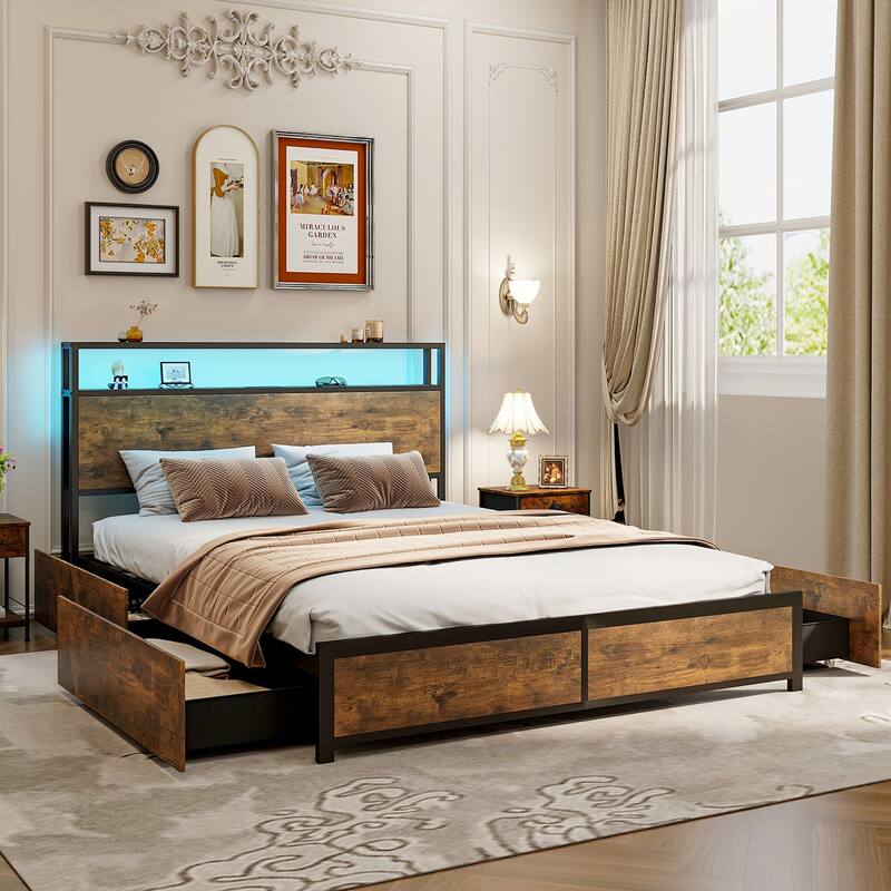 Gymax Full/Queen Industrial Platform Bed Frame with Storage Drawers & - Queen