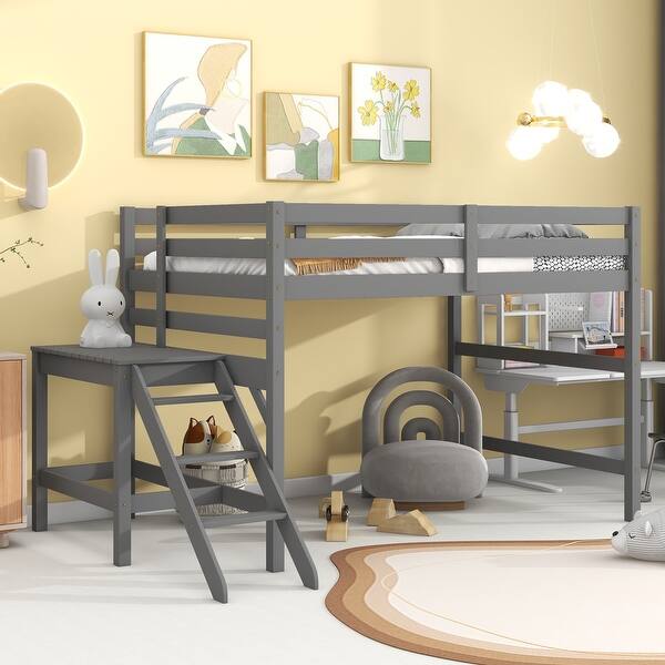 slide 2 of 21, Full Size Wood Loft Bed with Platform and Ladder Grey