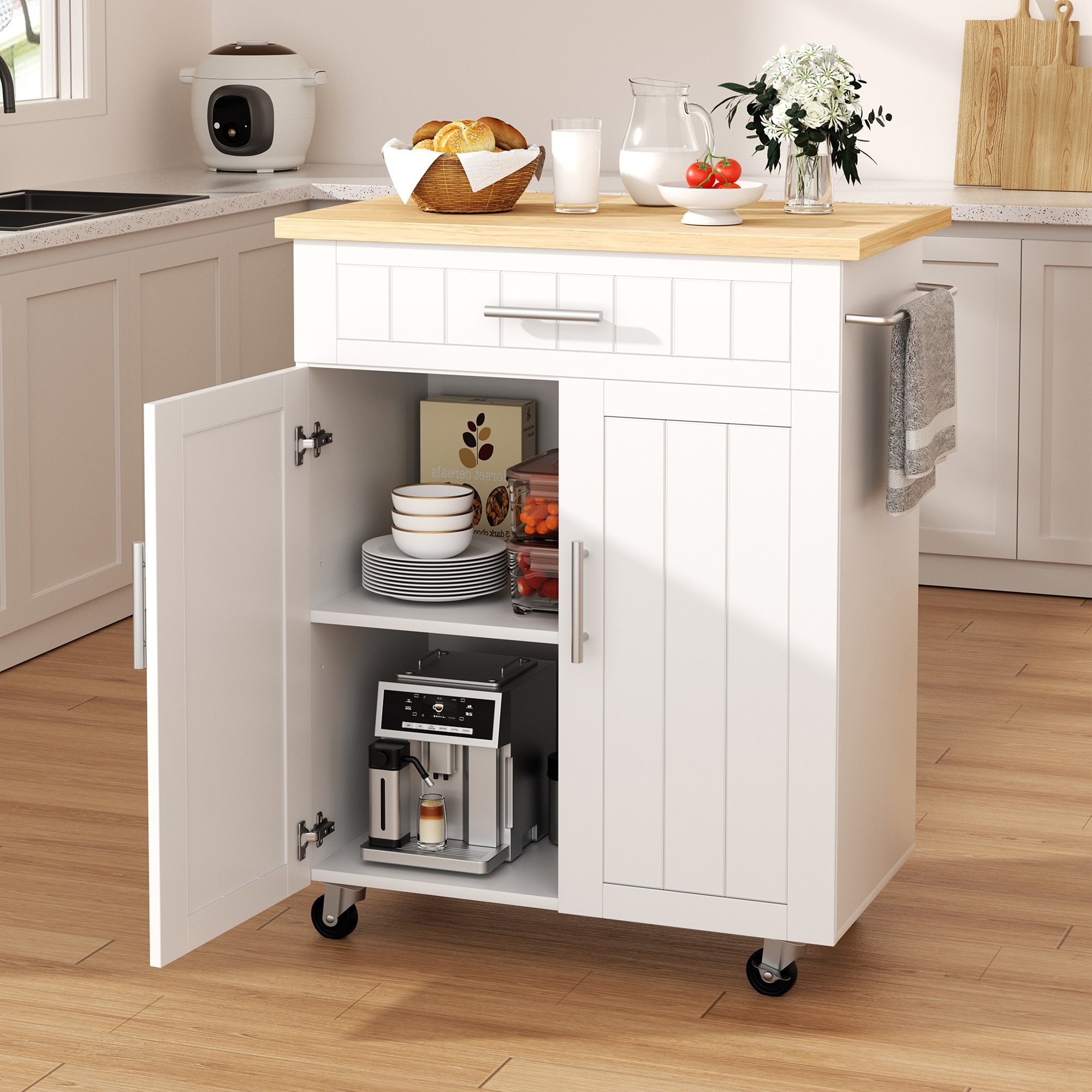 Nestfair Kitchen Island Cart with Drop-Leaf Countertop and 3