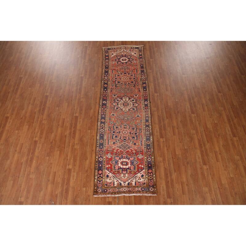 Geometric Heriz Persian Vintage Runner Rug Hand-Knotted Wool Carpet - 3'3"x 11'2"