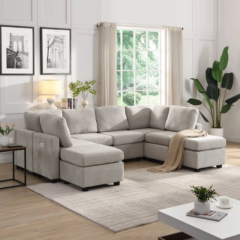 Grey 103" U-Shaped 6-Seat Sectional Sofa with Movable Ottomans, Plush Chenille Fabric, 3 USB Ports, and Versatile Seating