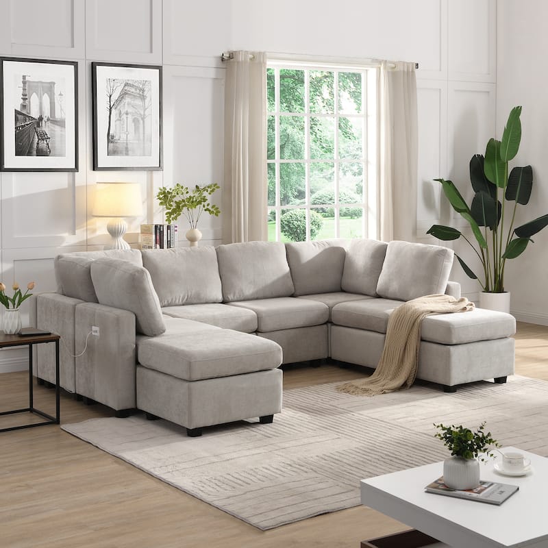 Versatile 103'' U-Shaped 6 Seater Sectional Sofa with Dual Movable Ottomans and 3 USB Charging Ports for Living Room